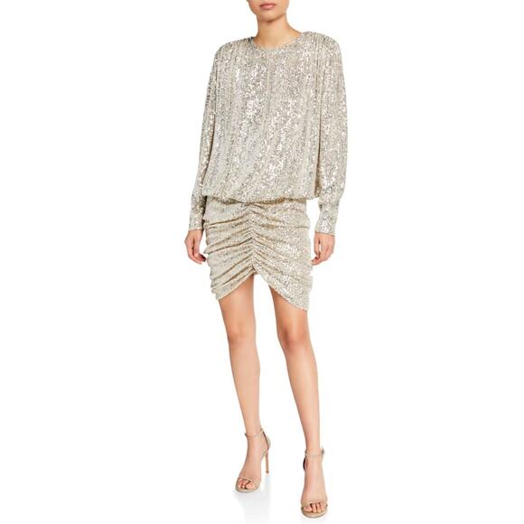 RETROFÊTE Gold Flynn ruched sequined tulle mini dress size L - Picture 1 of 15